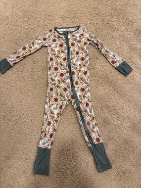 Floral Zip-Front Kids One-Piece Footie in Beige with Rust Flowers